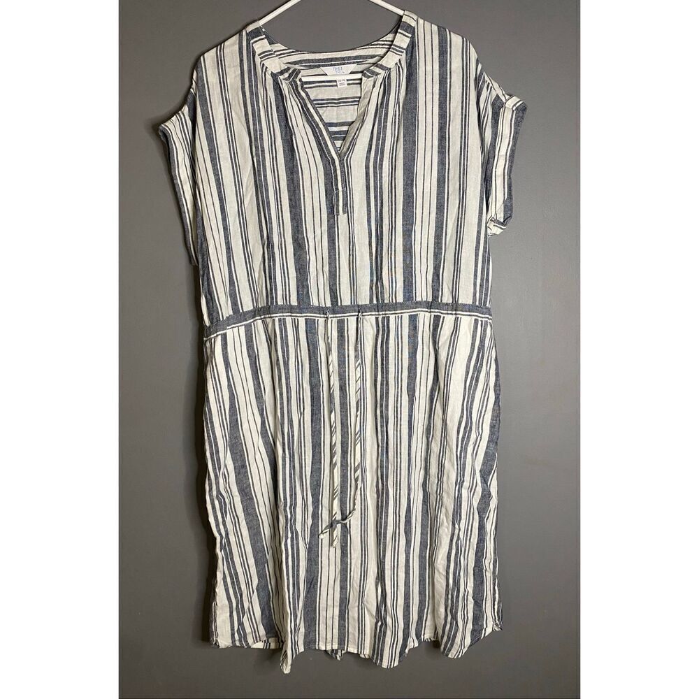 Time & Tru Striped Linen Blend Dress Pockets Coastal Nautical Cottagecore L